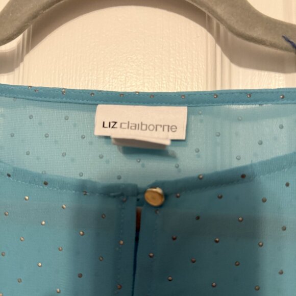 Liz Claiborne Teal w/gold specs Overlay Top Shirt Size Large - Picture 4 of 5